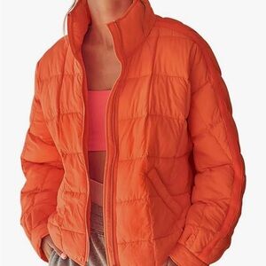 Puffer coat. bright orange. Never worn Perfect condition oversized SZ M